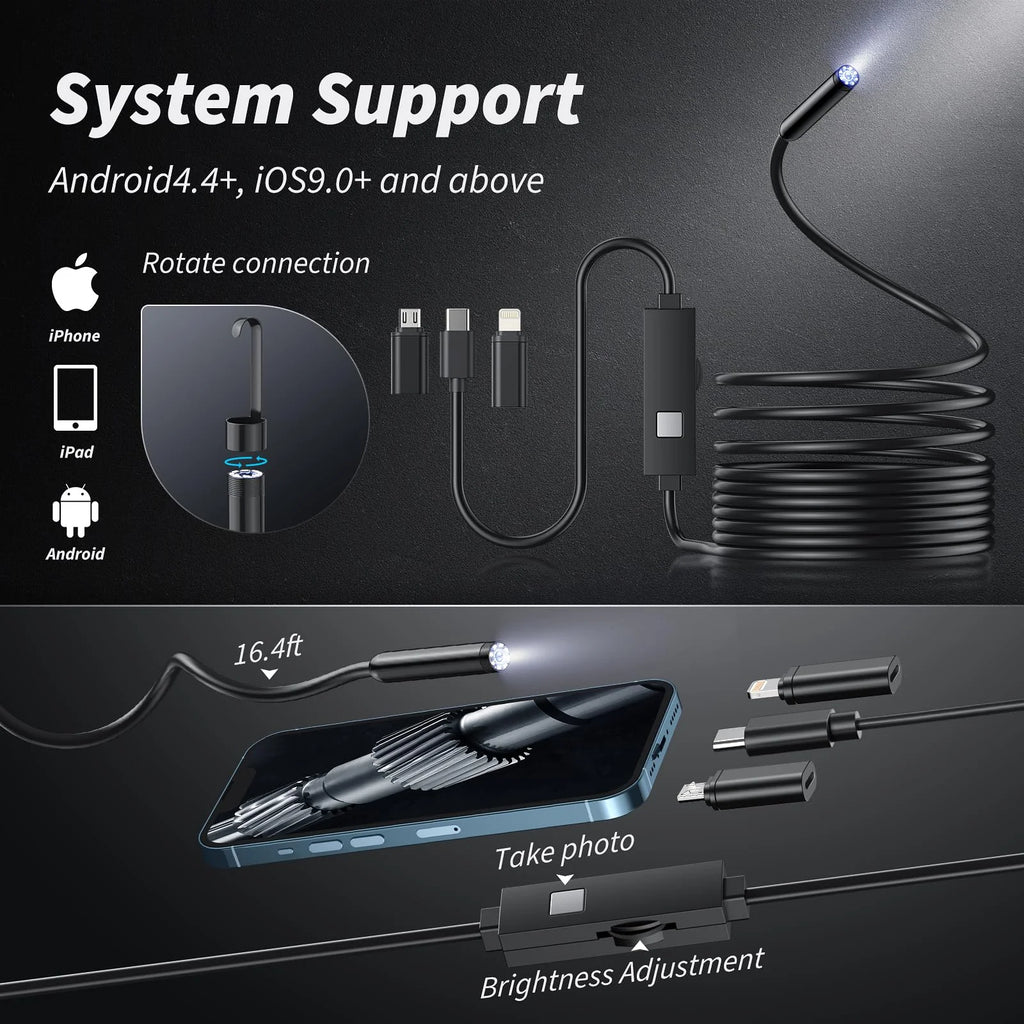 Endoscope Camera with Light, 1920P HD Borescope with 8 Lights, Waterproof for Pipe Inspection, Industrial Endoscope for Phones