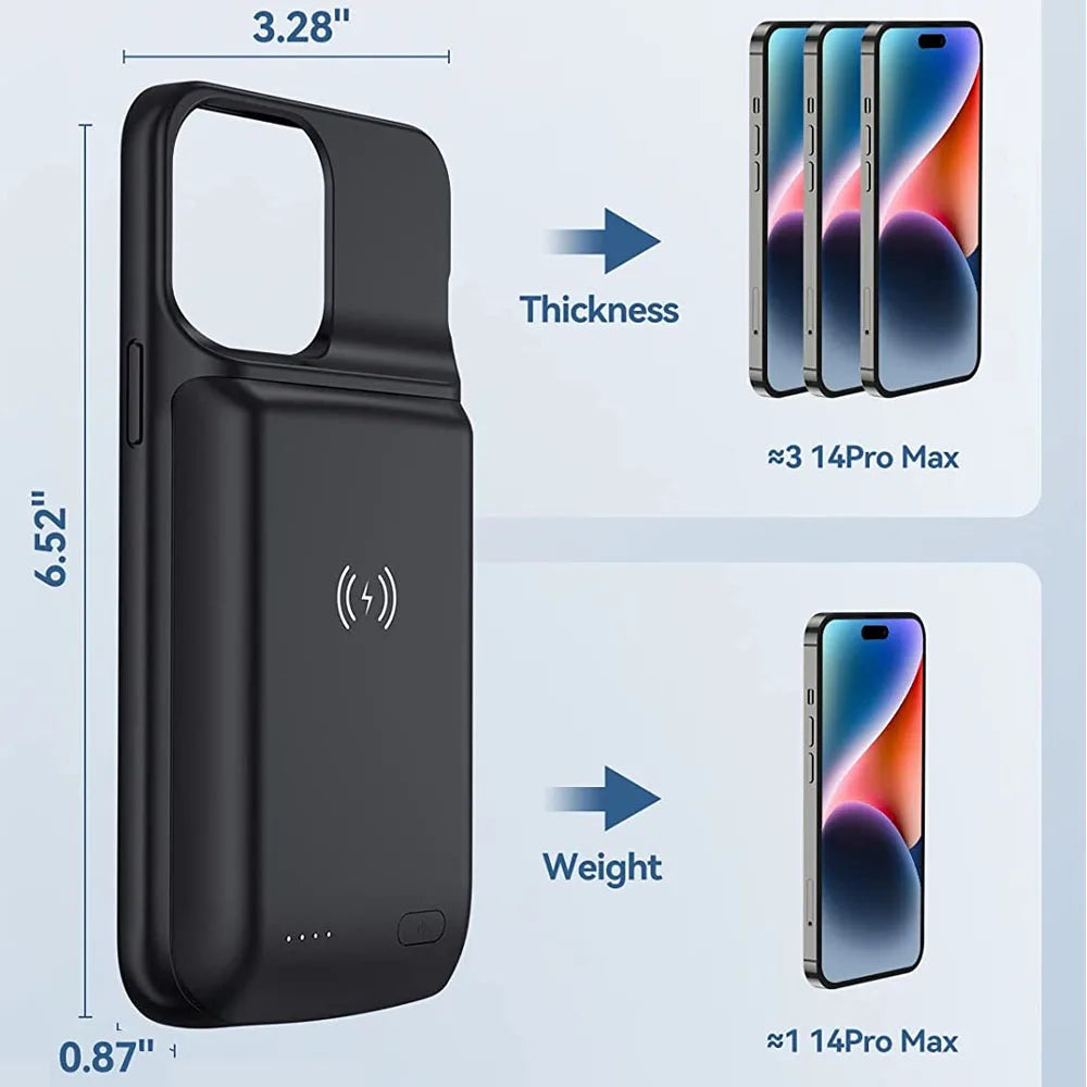 Battery Charger Case For iPhone 15 14 13 12 Pro Max Wireless Charging Power Bank Case Extended Battery Case 10000mAh
