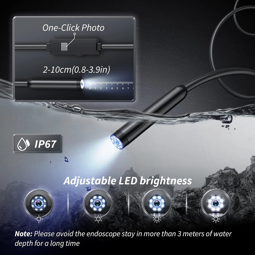 Endoscope Camera with Light, 1920P HD Borescope with 8 Lights, Waterproof for Pipe Inspection, Industrial Endoscope for Phones