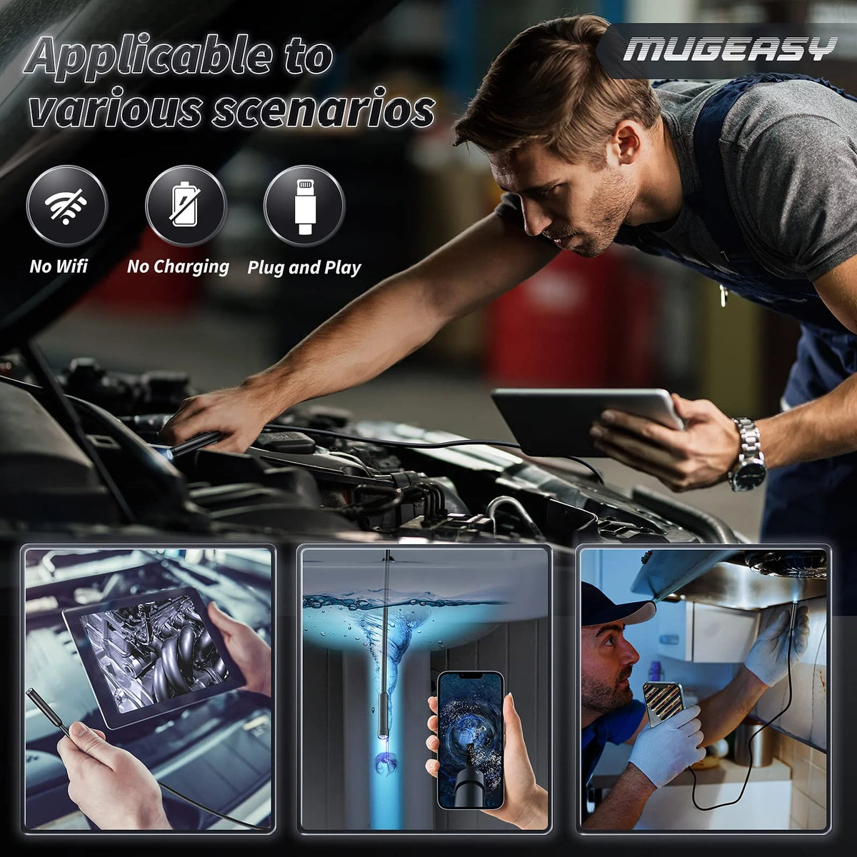Endoscope Camera with Light, 1920P HD Borescope with 8 Lights, Waterproof for Pipe Inspection, Industrial Endoscope for Phones