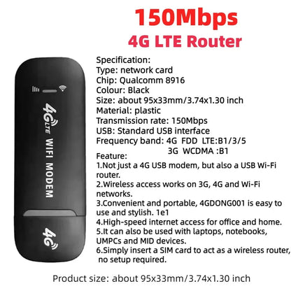 Texcom™ portable 4G LTE Pocket Wi-Fi 150 mbps speed plug and play USB modem