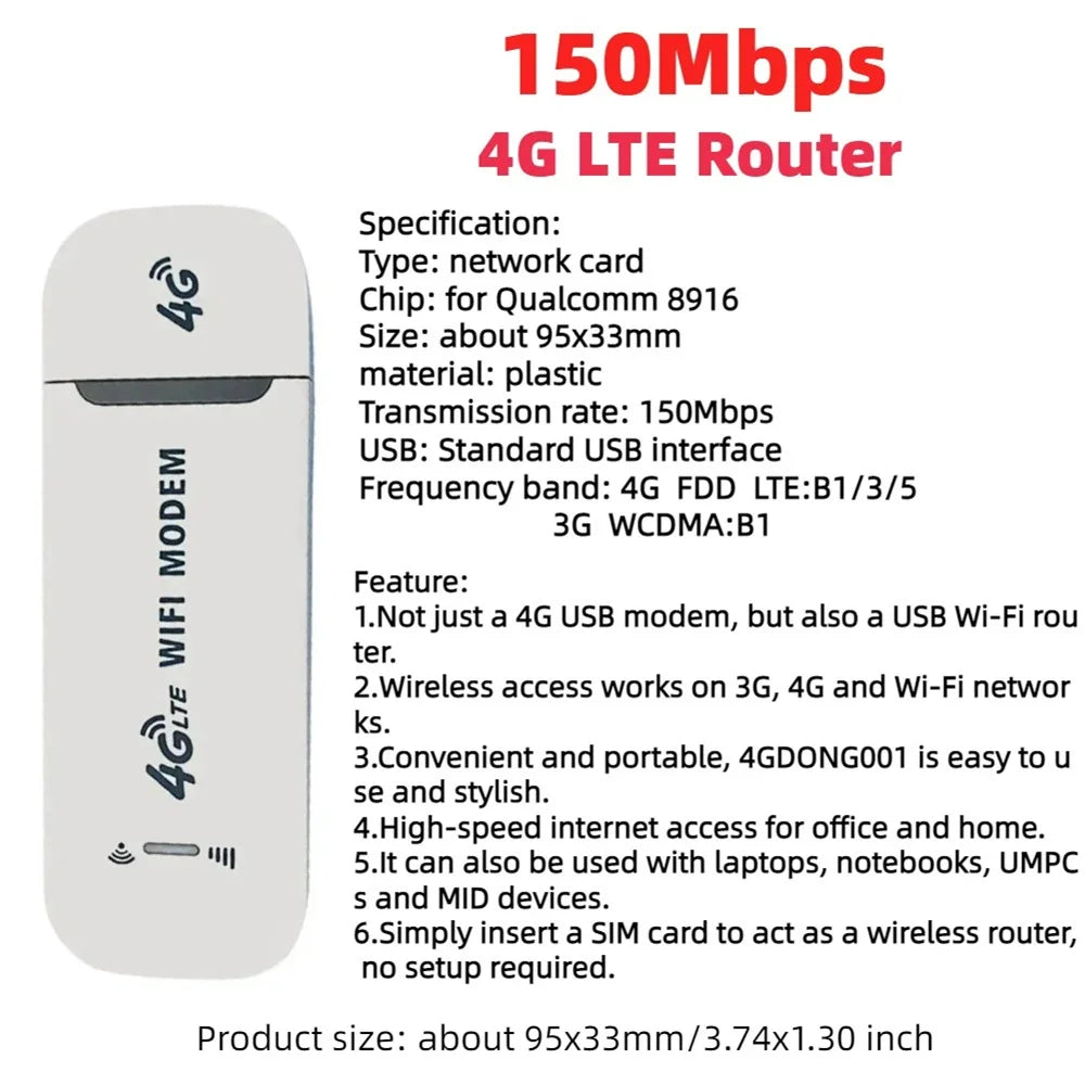 Texcom™ portable 4G LTE Pocket Wi-Fi 150 mbps speed plug and play USB modem