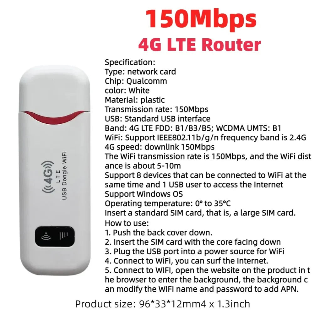 Texcom™ portable 4G LTE Pocket Wi-Fi 150 mbps speed plug and play USB modem