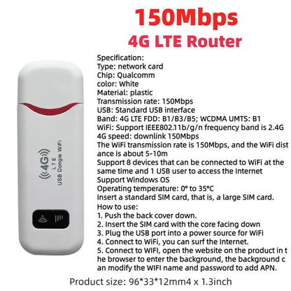 Texcom™ portable 4G LTE Pocket Wi-Fi 150 mbps speed plug and play USB modem
