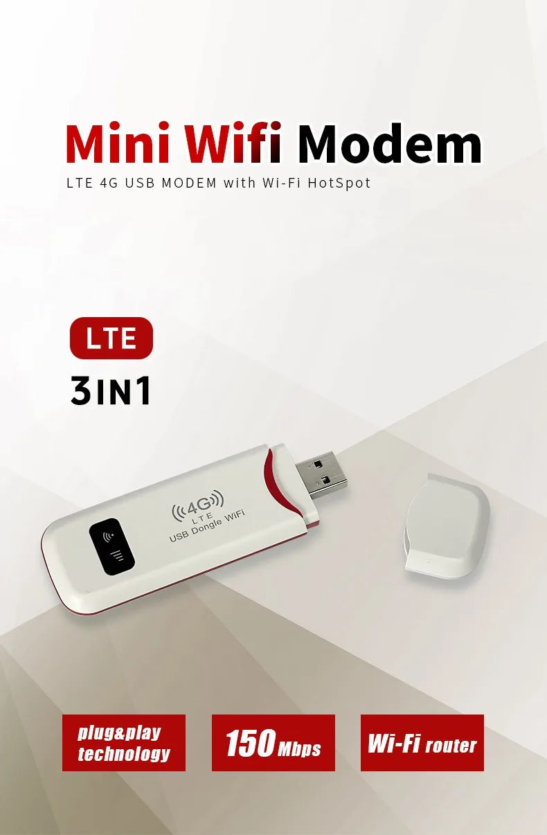 Texcom™ portable 4G LTE Pocket Wi-Fi 150 mbps speed plug and play USB modem