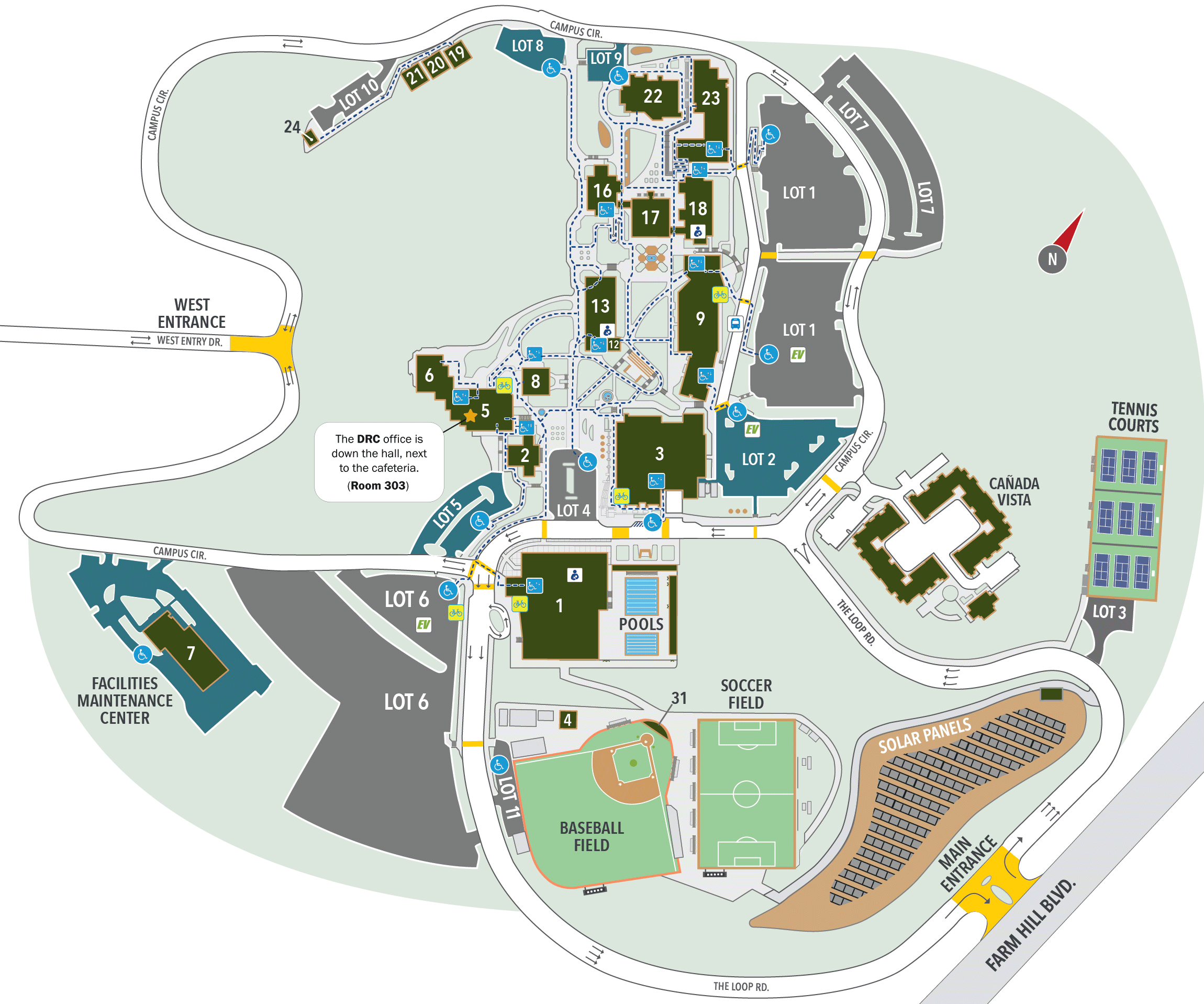 This is a campus map highlighting the location of the DRC office, which is in Building 5, Room 303.